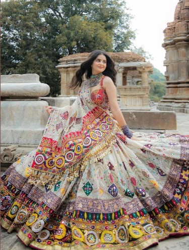 Muslin Mirror Work Lehenga Choli with Digital Prints